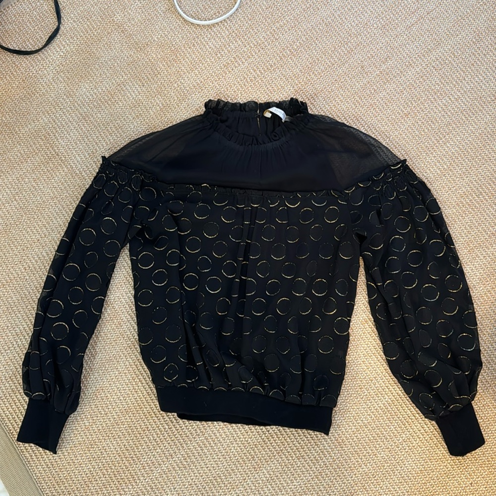 Black Ramy Brook blouse with gold polka dots